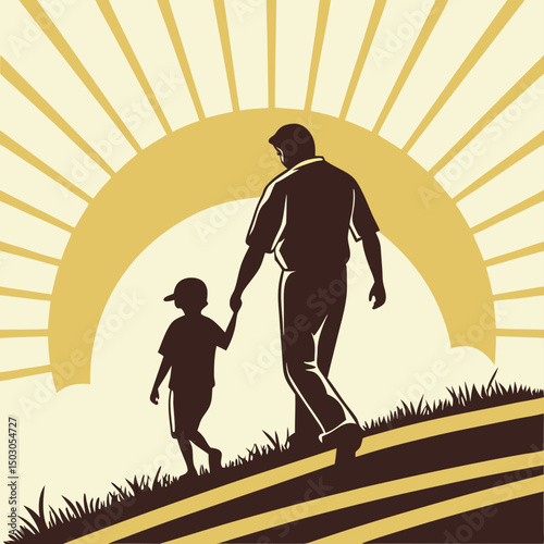 Father and Son Walking Silhouette Sunset Graphic
