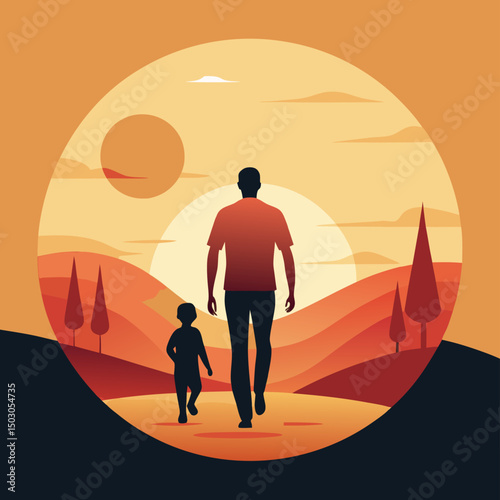 Father and Son Walking at Sunset, Silhouette Illustration
