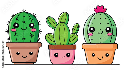 Three Cute Cartoon Cacti in Pots with Smiling Faces