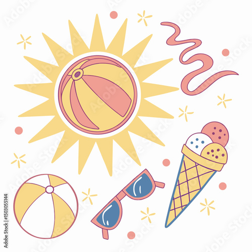 Summer Fun: Beach Ball, Ice Cream, Sunglasses Illustration