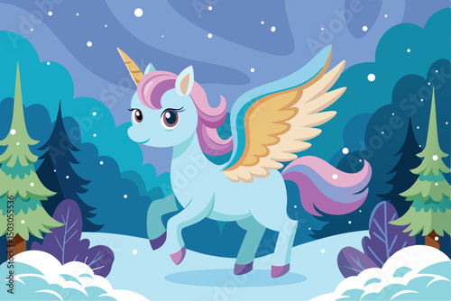 Cartoon Unicorn in a Winter Wonderland with Snow and Trees