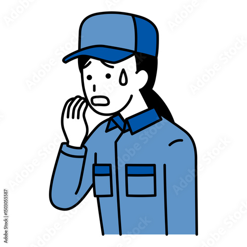 動揺しているつなぎ作業服の女性
