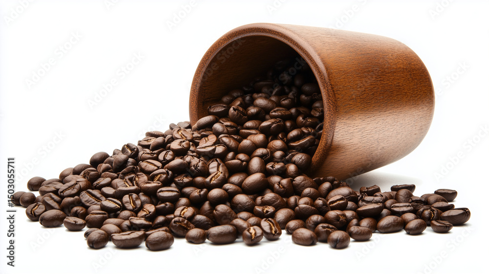 Fototapeta premium Brown ceramic mug spilling roasted coffee beans on white background 