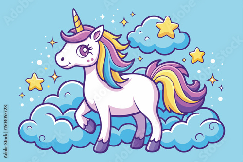 Cute Cartoon Unicorn with Colorful Mane and Tail on Clouds