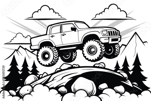 Off Road Truck Jumping Over Rocks in Black and White Style