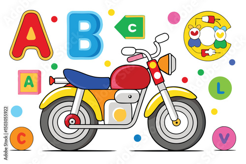 Cartoon Motorcycle with Colorful Alphabet Letters and Shapes for Kids