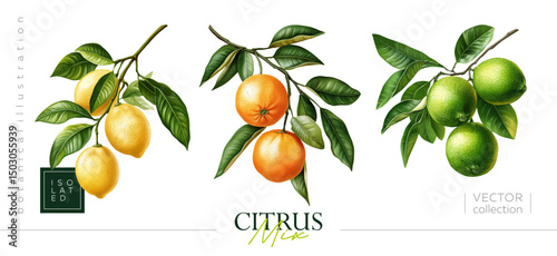 Vibrant Citrus Fruits Buttery Lemons, Juicy Oranges, and Limes with Lush Leaves. Vintage painting style and botanical illustration