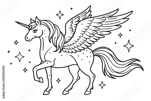 Elegant Winged Unicorn with Stars Outline Illustration for Coloring Pages