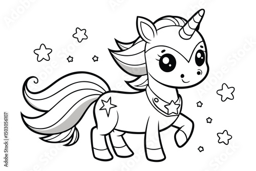Cute Cartoon Unicorn with Stars Outline for Coloring Book Page