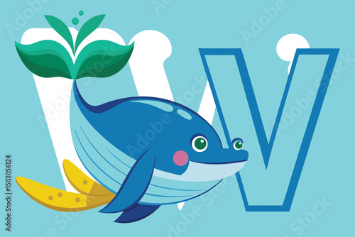 Cartoon Whale with Letter W for Educational Purposes and Design