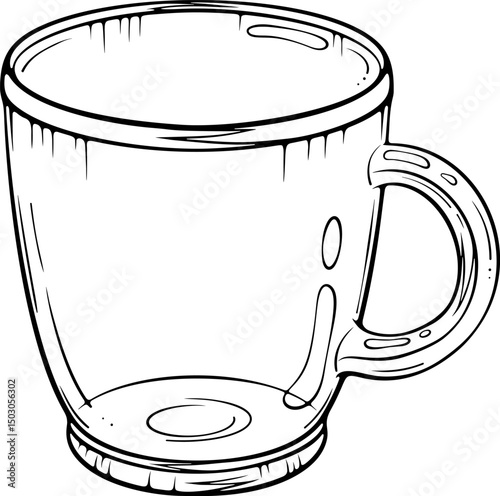 Empty transparent glass cup with a handle. Vector illustration in hand drawn sketch style. Line art isolated on white for coloring book, print