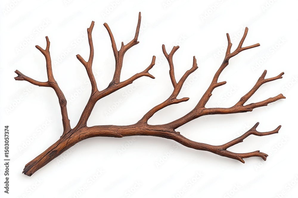 Fototapeta premium Dark Brown Branch with Thin Offshoots on White Background