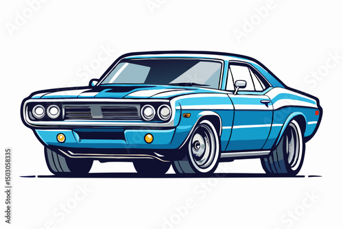 Classic Blue Muscle Car Illustration, Vintage Coupe Drawing