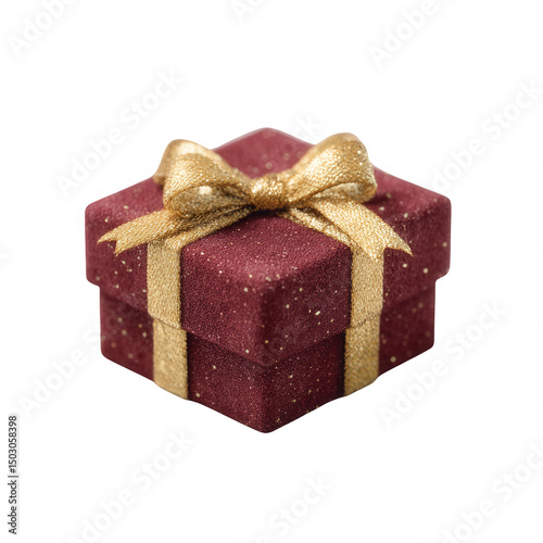 A beautifully wrapped gift box in rich burgundy color adorned with a shimmering gold ribbon, perfect for special occasions and celebrations.