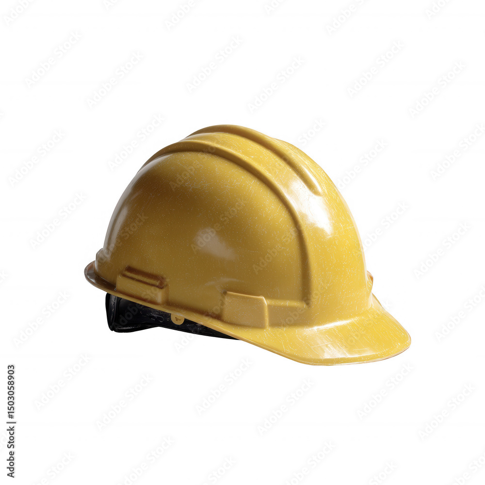 Fototapeta premium A bright yellow construction helmet isolated on a white background, symbolizing safety and protection in hazardous work environments.