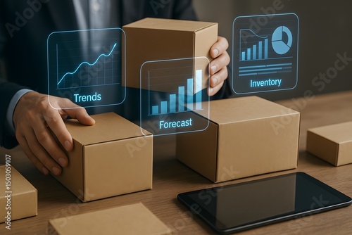 A manager arranges cartons while holographic panels display trends, forecast, and inventory graphs. Concept of data-driven supply planning and stock optimization.