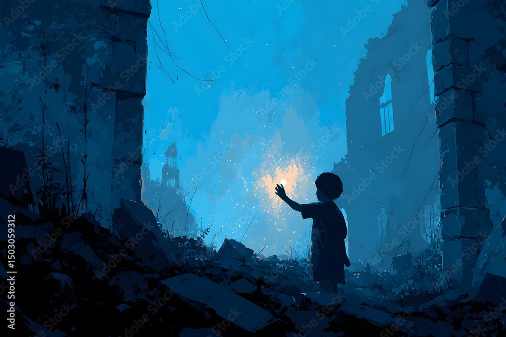 Obraz premium a child holds a glowing light amid the ruins of a bombed-out city, a scene of hope amid destruction. The ruins evoke the aftermath of conflict