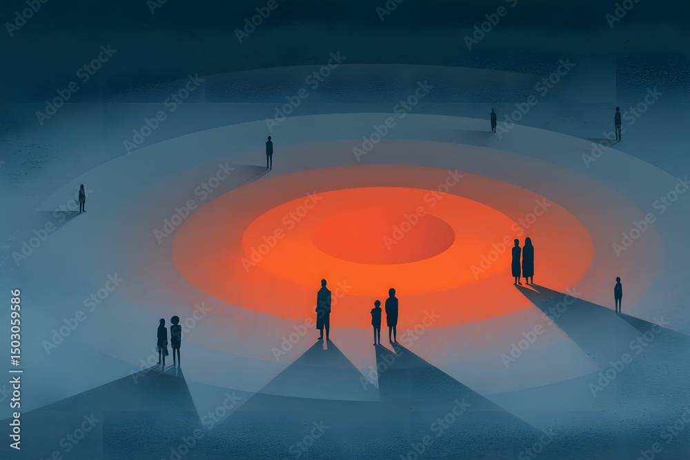 Naklejka premium People stand around a warm core. This striking visual symbolizes connection, community, and gathering around a central element