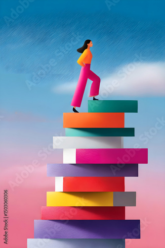 Woman climbing colorful stack of books like stairs against vibrant sky symbolizing growth and ambition