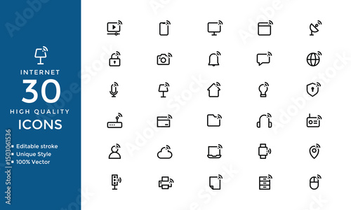 Internet and Computer Line Icons Set – Vector Collection of Online, Network, Website, Server, Hardware, Software, and Programming Symbols