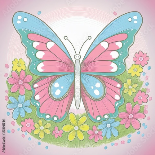 Cute butterfly vector. Crayon spring background