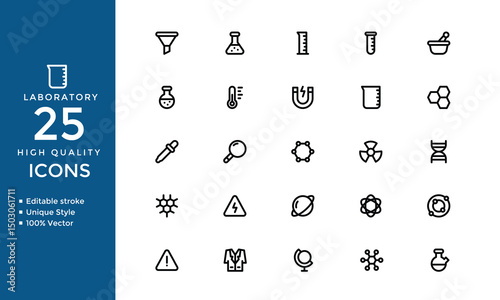 Laboratory Icon Set – Vector Collection of Experiment, Test Tube, Microscope, Flask, Chemical, Biology, and Research Symbols