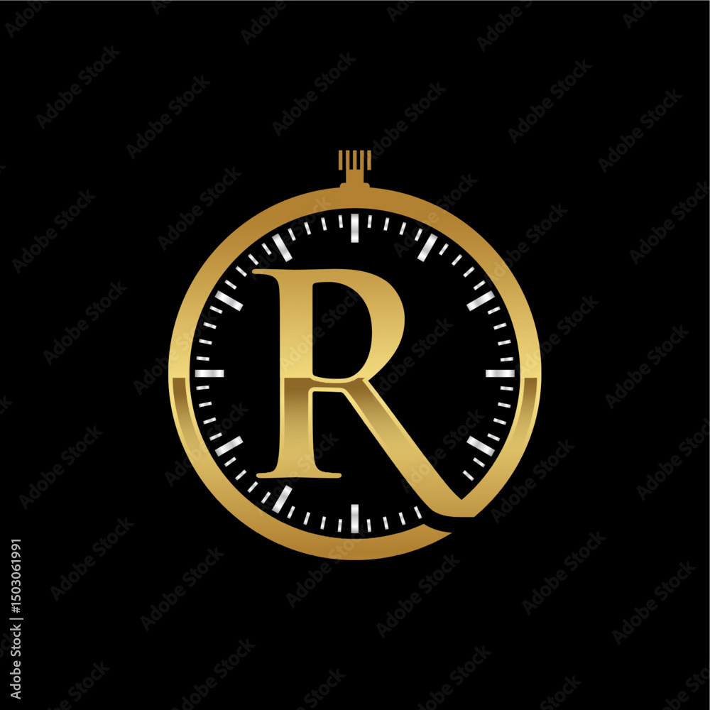 Fototapeta premium Luxury Gold Monogram R Logo with Clock Design
