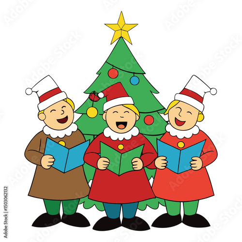 Carolers in festive hats sing joyfully around a glowing Christmas tree, spreading holiday cheer with classic tunes and warm, spirited voices.
