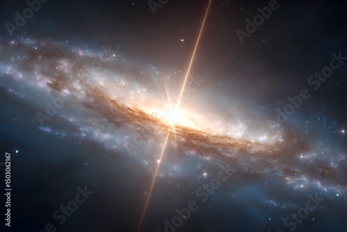 a celestial spectacle of a spiral galaxy, with its core radiating bright light, and arms sweeping across a dark space