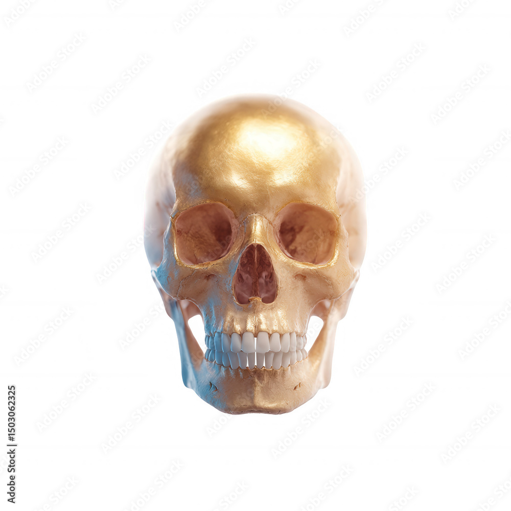 Fototapeta premium A decorative golden skull with intricate details, representing themes of mortality and art. The skull is presented on a white isolated background for clarity and focus.