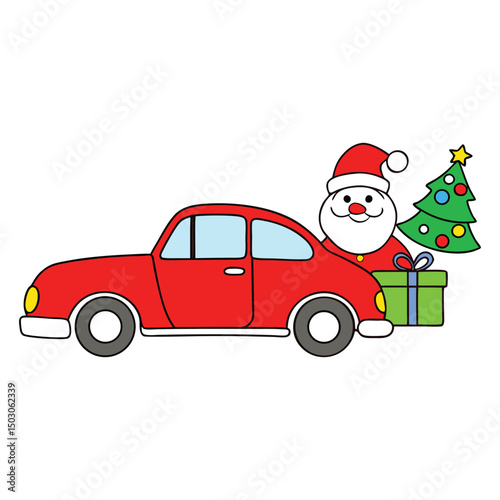 A festive red car carries Santa Claus and a Christmas tree, spreading holiday cheer as it drives through snow-covered streets filled with joy and magic.
