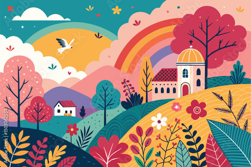 autumn landscape with trees colorful abstract pattern background. template summer concept. vector illustration
 photo
