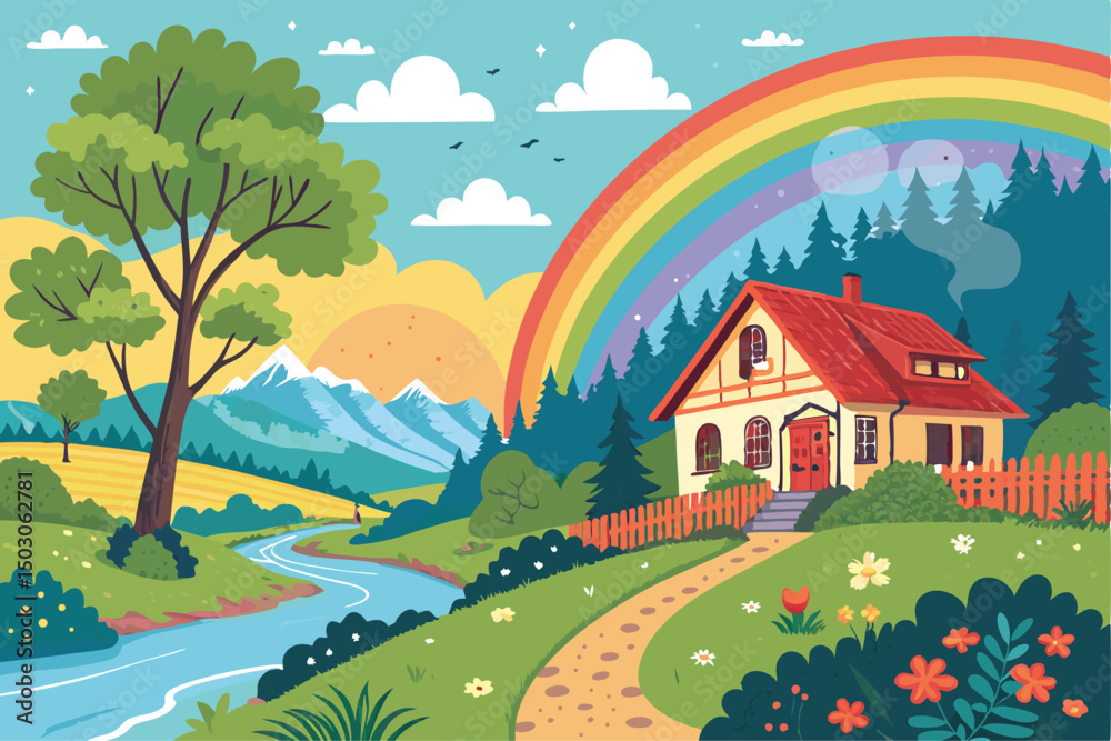 Fototapeta premium landscape with rainbow colorful abstract pattern background. template summer concept. vector illustration