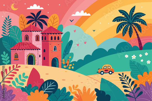 castle on the hill colorful abstract pattern background. template summer concept. vector illustration
