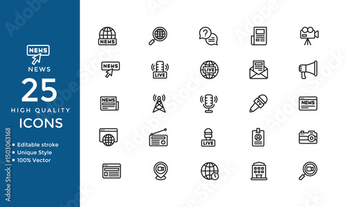 News Line Icons – Editable Vector Set of Newspaper, Article, Media, and Reporter Symbols