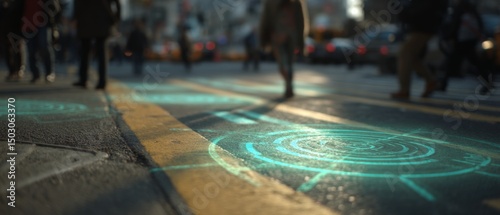 A futuristic city street projected underfoot as pedestrians interact with augmented reality, revealing a digital layer superimposed on reality.