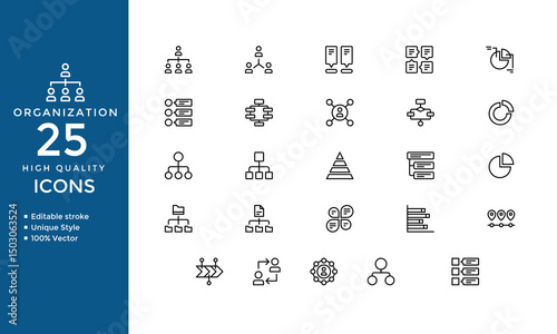 Organization Icons Set – Vector Collection of Hierarchy, Leadership, Employee Network, and Gear Settings Symbols for Web and App