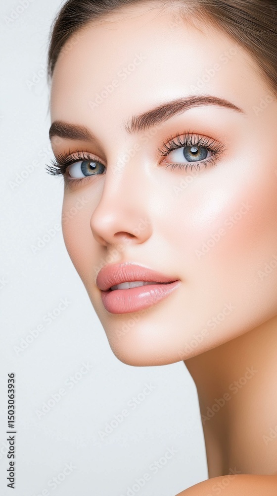Obraz premium Close-up portrait of a beautiful woman highlighting flawless skin and captivating eyes, perfect for beauty and fashion.