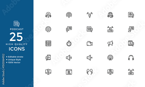 Podcast Icons – Solid Vector Set of Microphone, Audio, Broadcasting & Entertainment Symbols