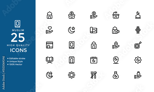 Islamic Line Icons – Vector Set of Muslim Holiday, Mosque, Prayer, Ramadan & Culture Symbols