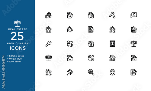 Real Estate Line Icons – Minimal Vector Set of Property, Home, Mortgage, Buy & Sell Symbols