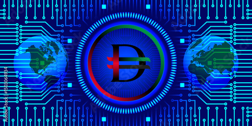 Vector round digital symbol of UAE dirham. Virtual state cryptocurrency, computer chip. Financial high technology neon glowing banner. United Arab Emirates. Planet earth