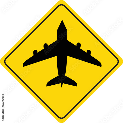 Airport. Yellow warning sign for aircraft landing and takeoff zone. Low flying planes sign. Rhombus road sign. Diamond road sign.
