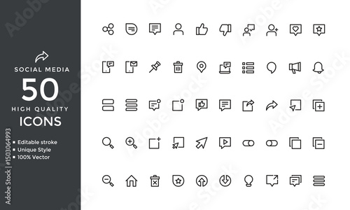 Social Media Icons – Thin Line Vector Set of Likes, Comments, Followers, Login & Promotion Symbols