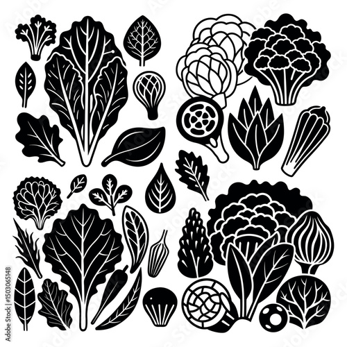 Collection of leafy vegetable silhouettes including lettuce cabbage spinach and various salad greens in bold black style