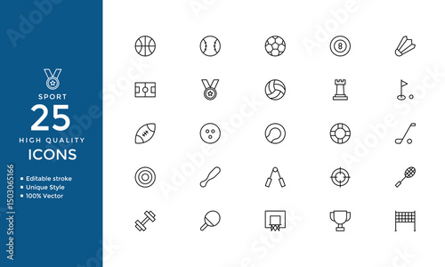 Sports Line Icons – Editable Vector Set of Soccer, Basketball, Baseball & Athletic Symbols