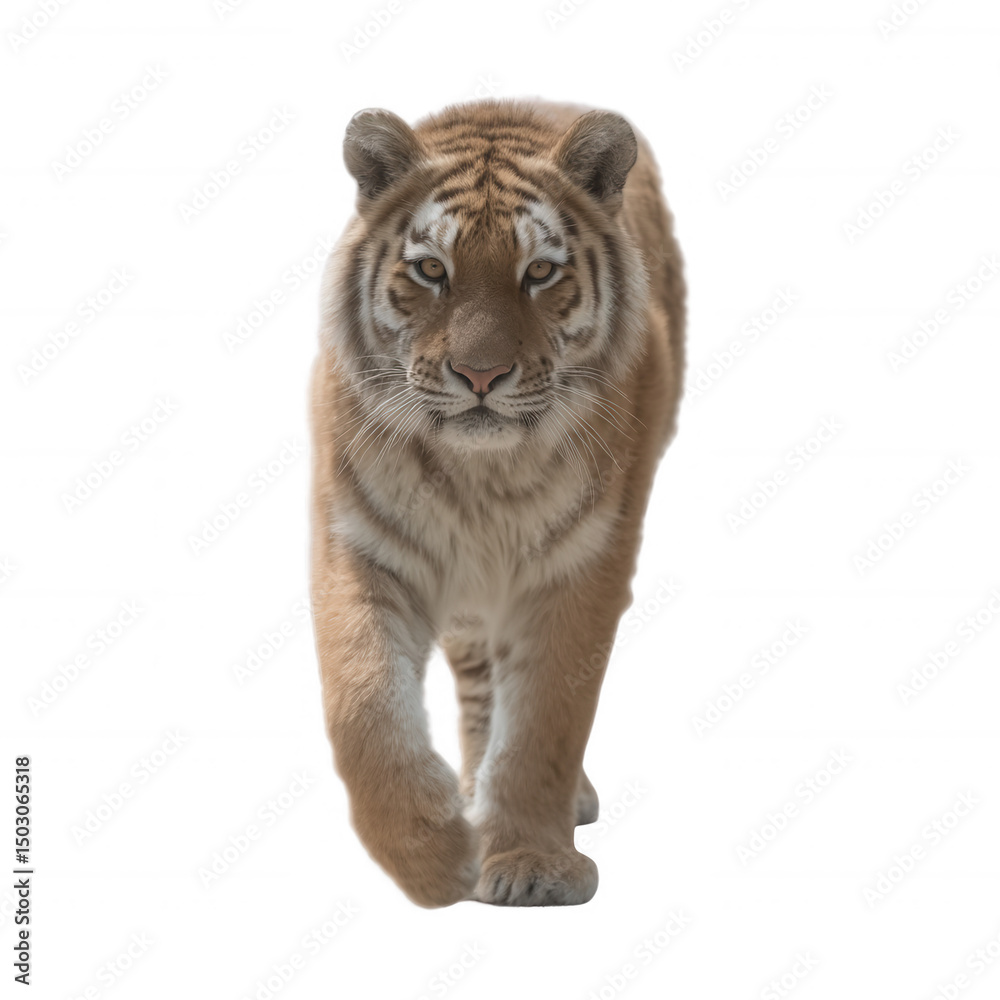 Fototapeta premium A majestic tiger walking confidently, showcasing its powerful physique and striking orange and black stripes against a white isolated background.