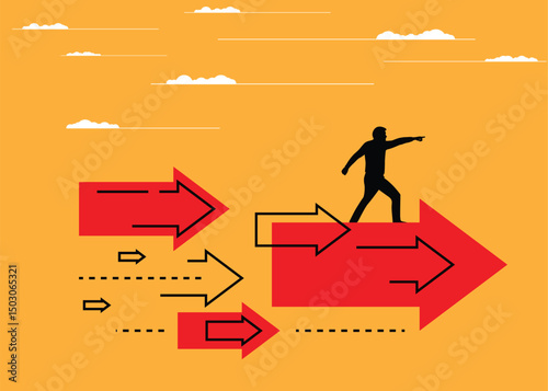 Confident and Determined Business Man Silhouette Flying on Arrows. Trading currencies and world economy concept vector art
