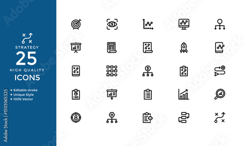 Strategy Icons – Outline Vector Set of Planning, Goal, Idea, Process & Success Symbols