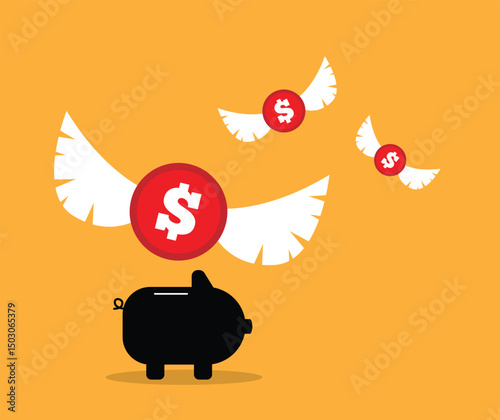 Dollar Coins with Wings Flying out of Piggy Bank. Trading currencies, savings and world economy concept vector art